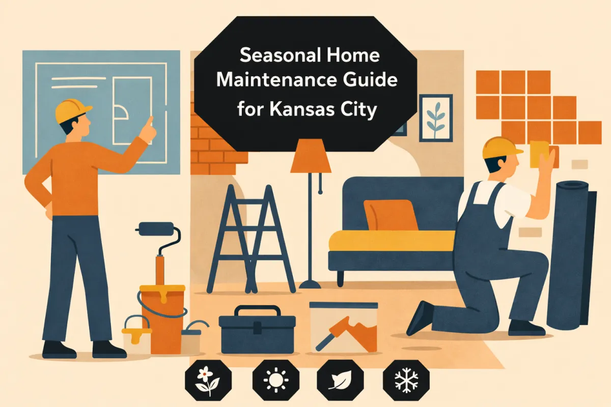 Seasonal home maintenance illustration showing professional painters working on a Kansas City home throughout the year