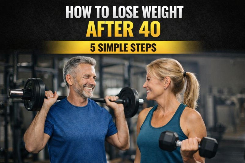 Middle aged couple lifting weights together to represent weight loss after 40.