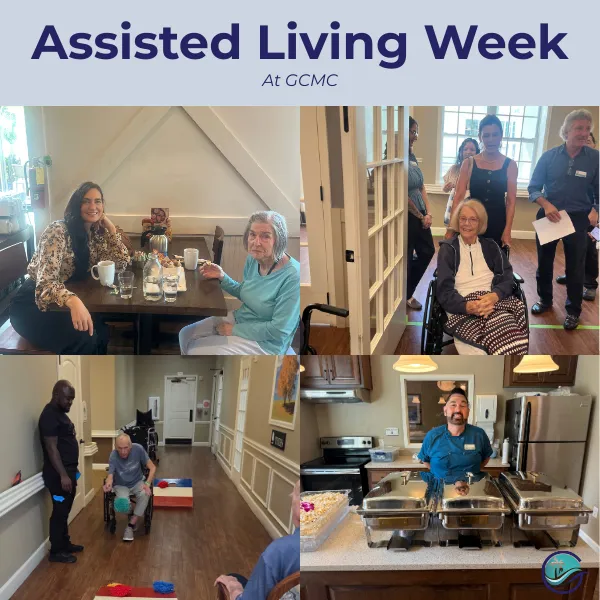 National Assisted Living Week celebration at Gulf Coast Memory Care showing four photos: residents and staff enjoying coffee together, residents participating in activities in the hallway, staff member preparing meals in the kitchen, creating a warm community atmosphere
