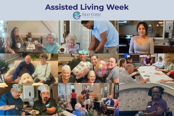 National Assisted Living Week celebration at Gulf Coast Memory Care showing four photos: residents and staff enjoying coffee together, residents participating in activities in the hallway, staff member preparing meals in the kitchen, creating a warm community atmosphere