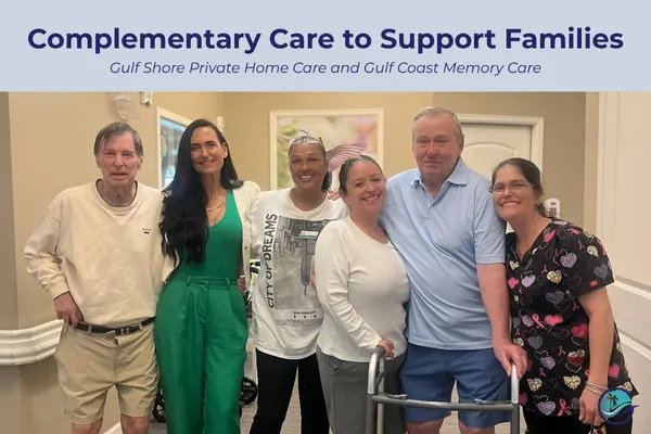 Team photo showing six caregivers and staff members from Gulf Shore Private Home Care and Gulf Coast Memory Care standing together, demonstrating collaborative support for families. The group includes healthcare professionals of diverse backgrounds, with one person using a walker, highlighting inclusive and compassionate care.