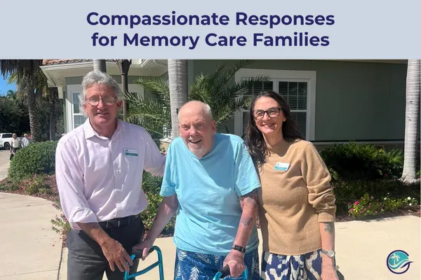 Gulf Coast Memory Care staff members standing with a smiling resident outdoors in front of the Estero facility, demonstrating the compassionate, supportive relationships that help families navigate difficult dementia communication challenges like when residents ask to go home