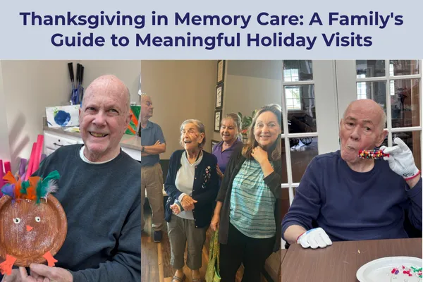 Gulf Coast Memory Care residents enjoying Thanksgiving activities and celebrations, including crafts and family gatherings, demonstrating meaningful holiday experiences and joyful moments in memory care in Estero, Florida