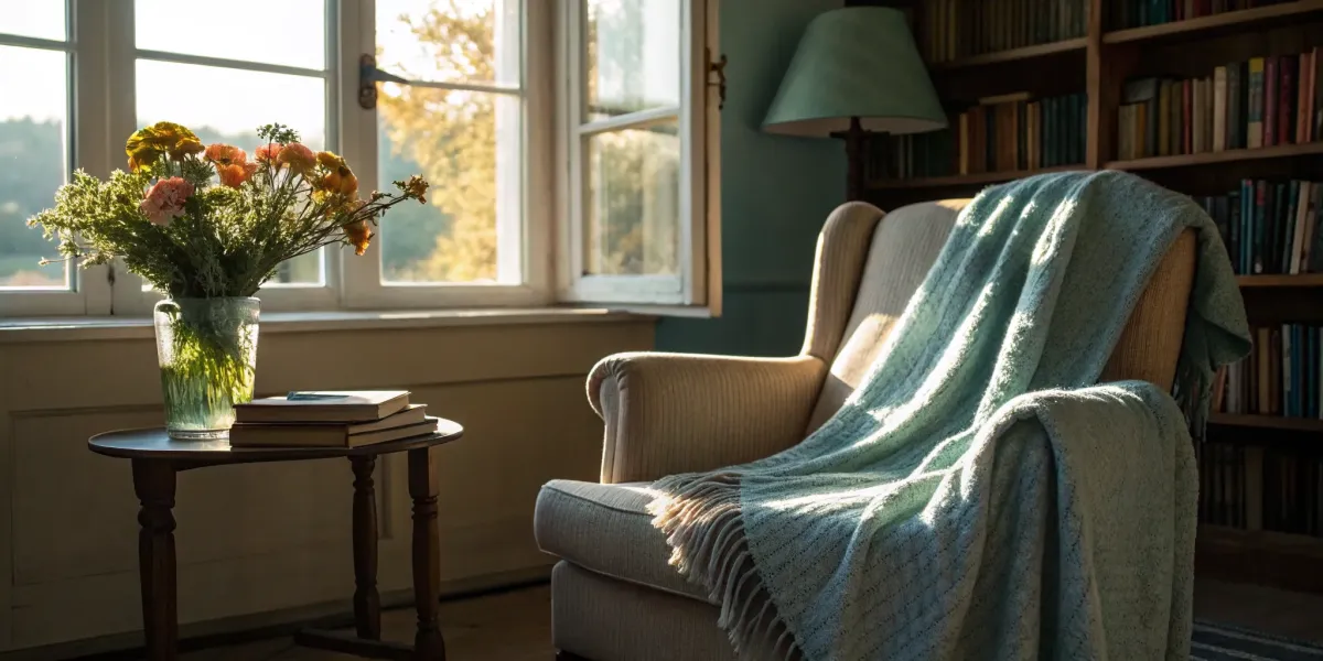 A cozy reading nook in a care home specializing in dementia care.