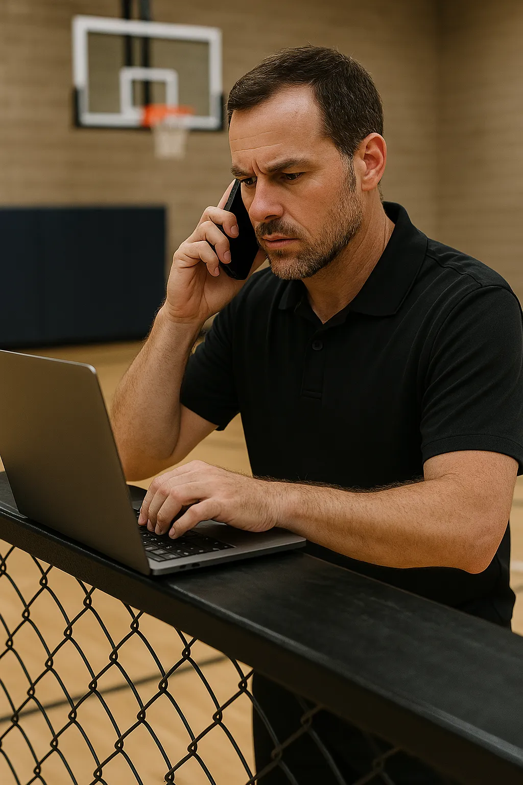 A sport coach behind a barrier and in one hand a phone to ear and the other hand on a laptop keyboard.