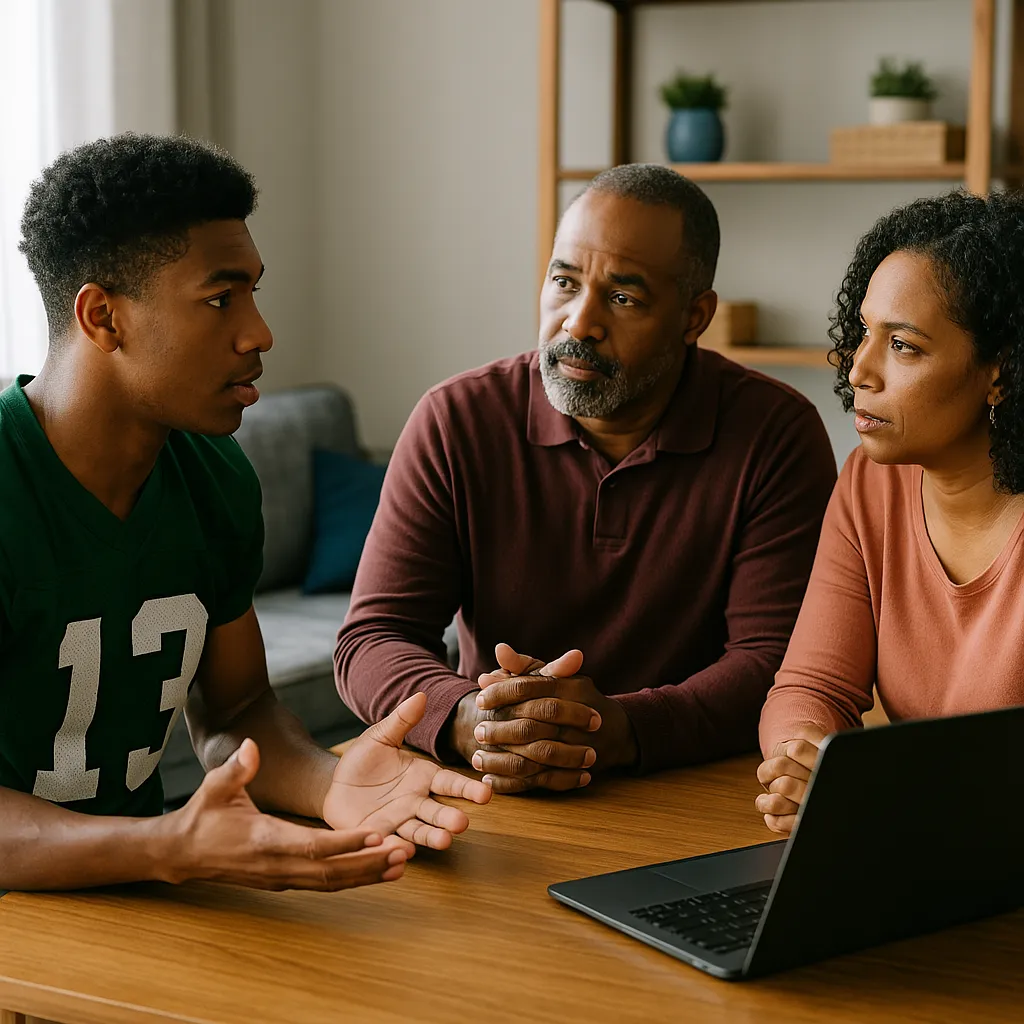 athlete talking to parents