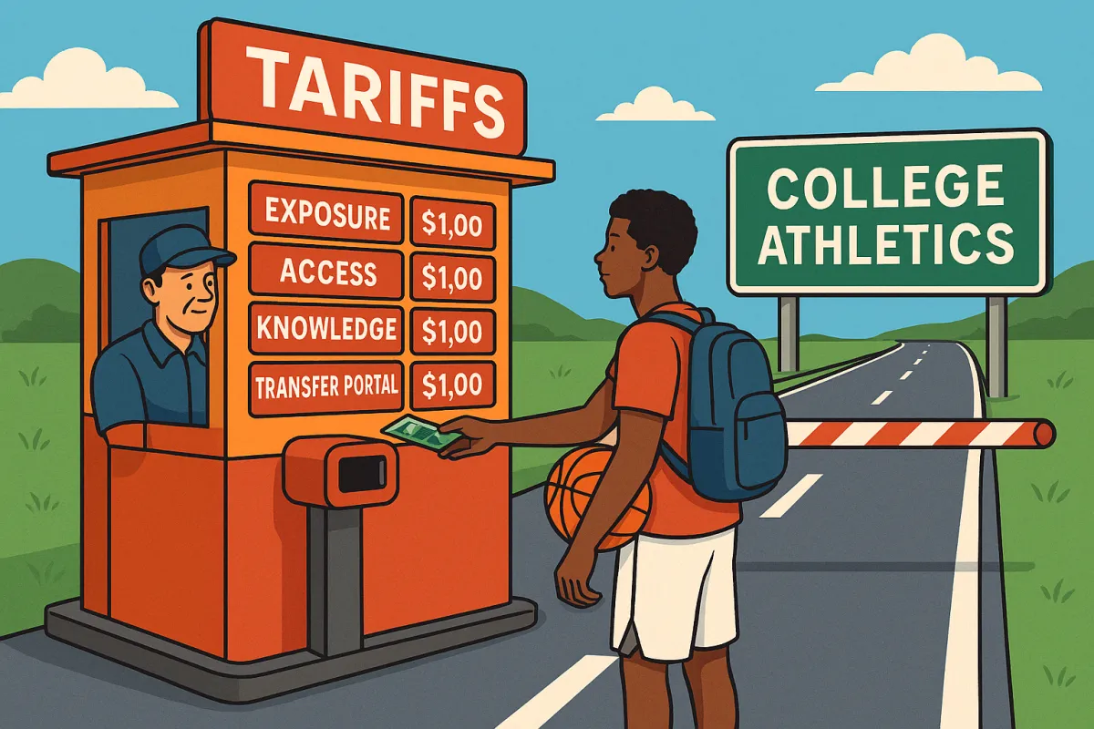 a student-athlete standing at a toll booth, holding a basketball or football, while signs labeled “Exposure,” “Access,” “Knowledge,” and “Transfer Portal” display toll amounts. Behind the booth is a long highway labeled “College Athletics.”