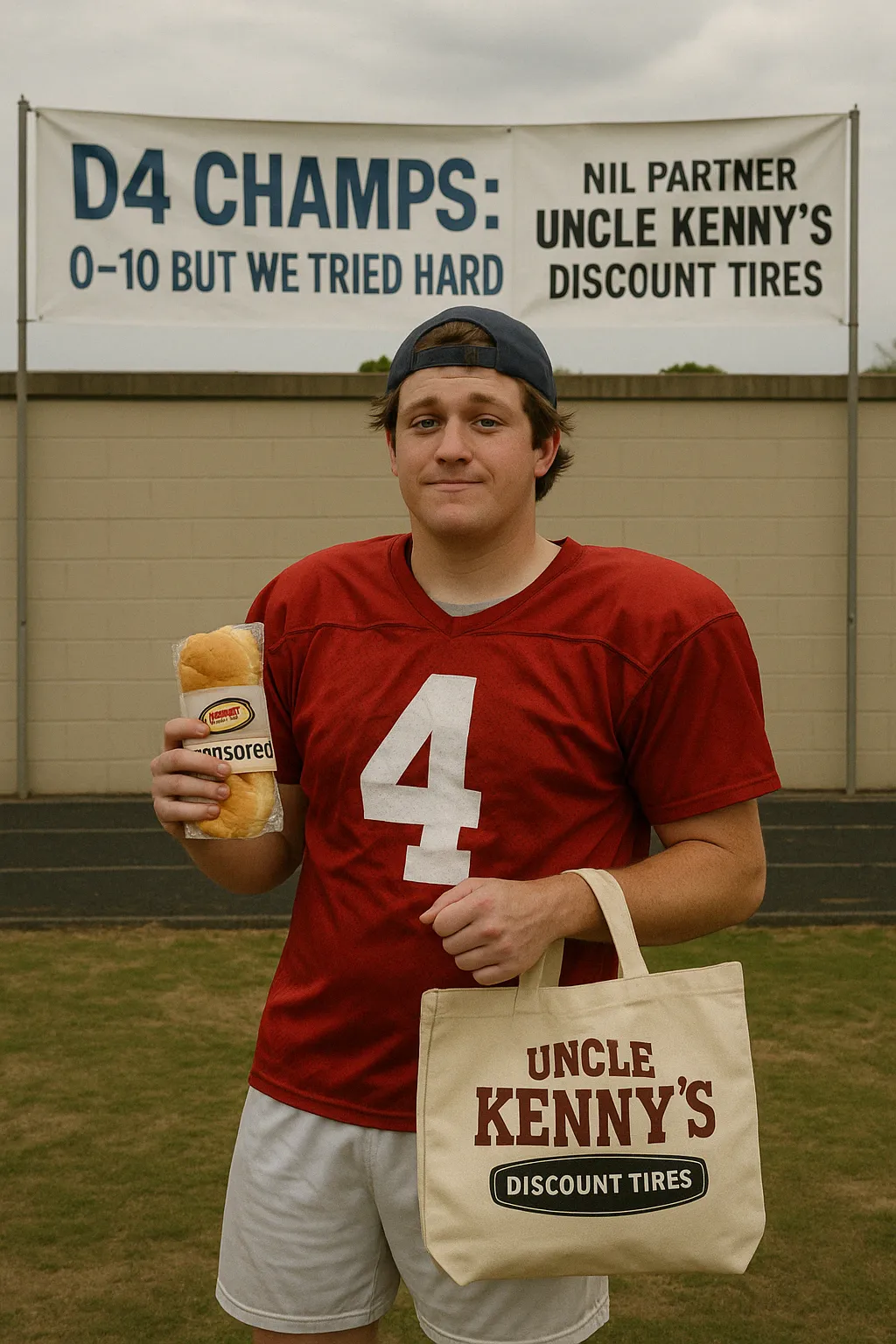 A student-athlete in a wrinkled jersey holding a “sponsored” sandwich, standing proudly under a crooked banner that says “D4 Champs: 0-10 But We Tried Hard.”