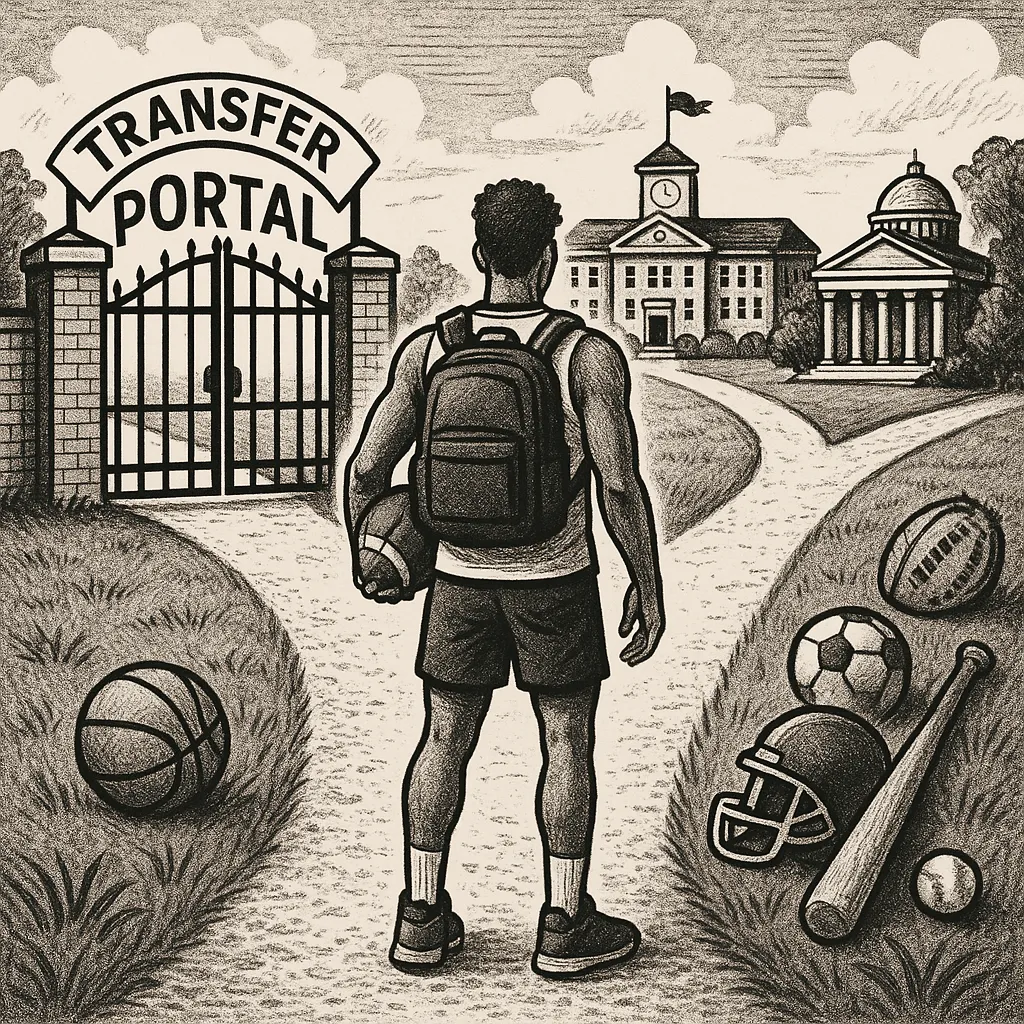 Illustration of a college athlete standing at a crossroads, with one path leading to a closed gate labeled "Transfer Portal" and another path open, surrounded by school buildings and sports equipment, symbolizing decision and opportunity.