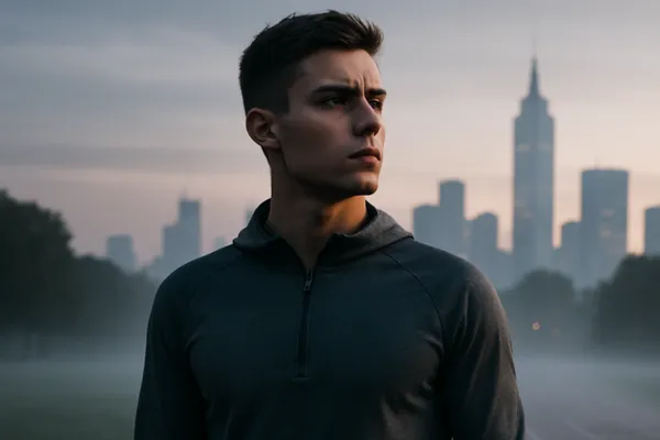 A determined young athlete standing alone on a dimly lit running track at dawn, with mist rising from the ground.