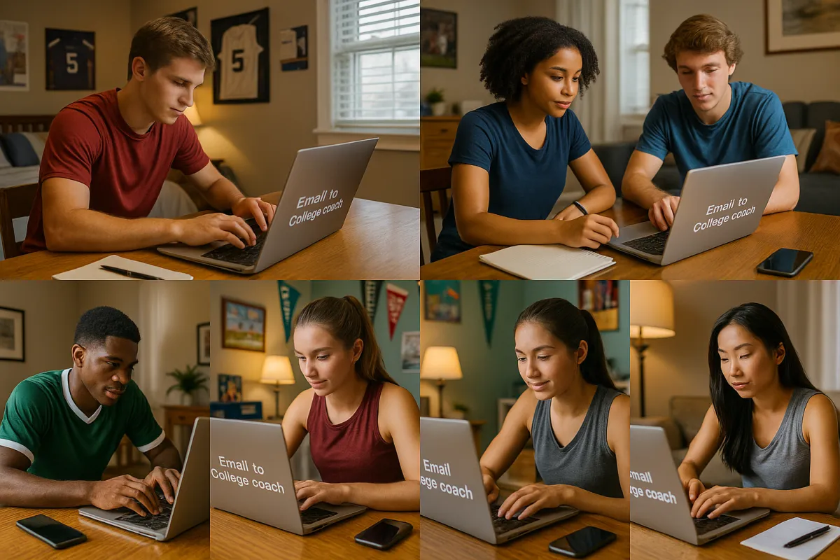 A student-athlete confidently emailing a college coach from a laptop, with a phone and notepad nearby, showing focused communication and engagement.