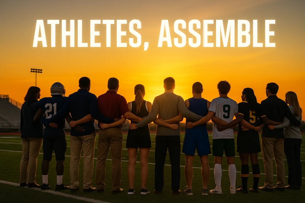 A diverse group of high school athletes (male and female) standing together in a huddle on a stadium field at sunset with multiple teachers, parents, and coaches. Each wears a different sport uniform (football, basketball, track, soccer). Their backs face the camera, arms linked, looking out at the field.