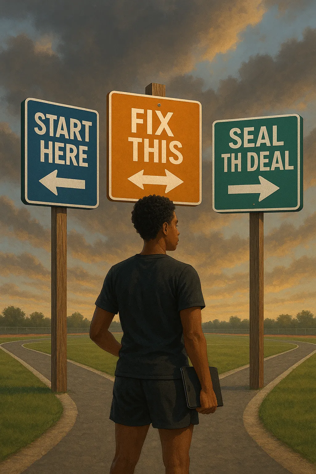 Student-athlete standing at a crossroads with three directional signs labeled “Start Here,” “Fix This,” and “Seal the Deal,” representing the critical, urgent, and stable stages of the college recruiting process.