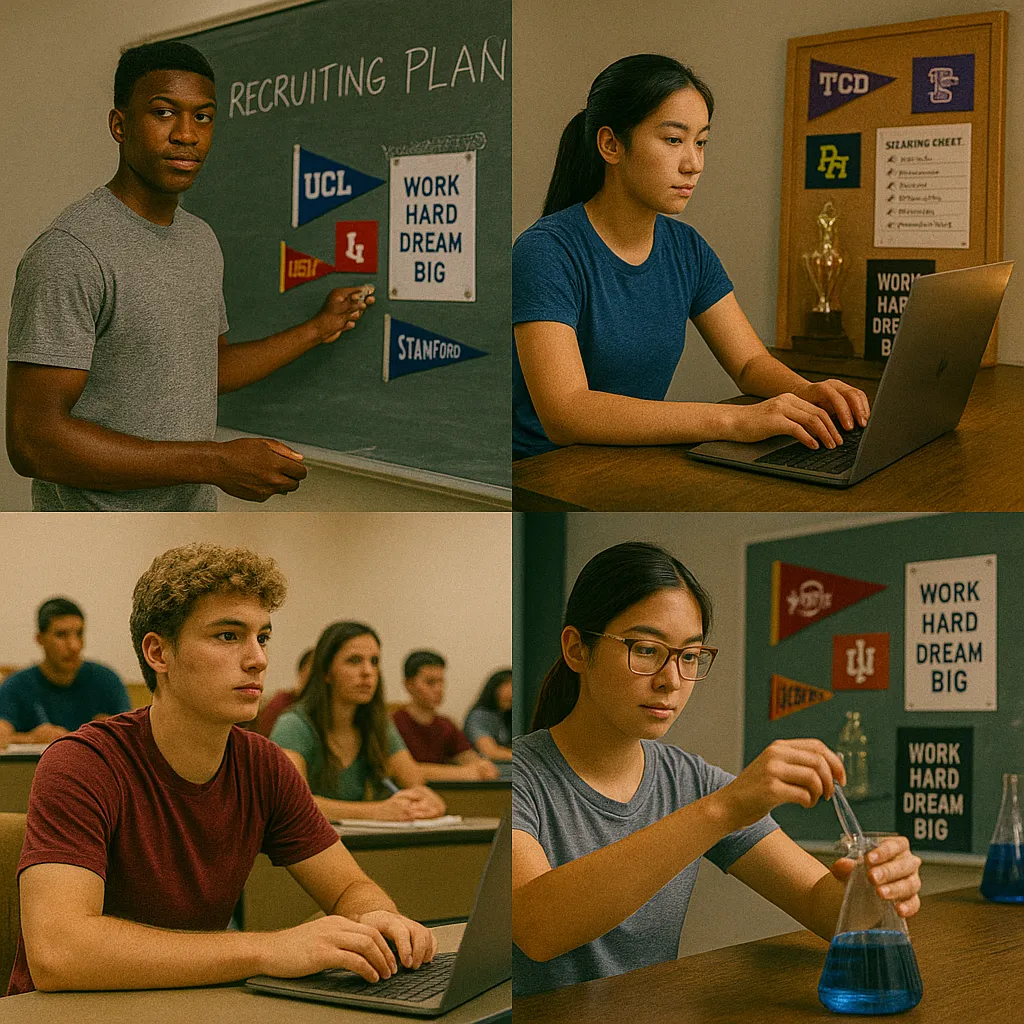 A four-panel collage of diverse high school student-athletes in academic settings:  Top left: A Black male student stands at a chalkboard labeled "Recruiting Plan," pointing to college pennants.  Top right: An Asian female student types on a laptop at a desk, with motivational posters and trophies behind her.  Bottom left: A White male student sits in a lecture hall with classmates, focused on a laptop.  Bottom right: An Asian female student conducts a chemistry experiment with a beaker of blue liquid in a science classroom.  The image conveys focus, ambition, and the balance between academics and athletic recruiting.