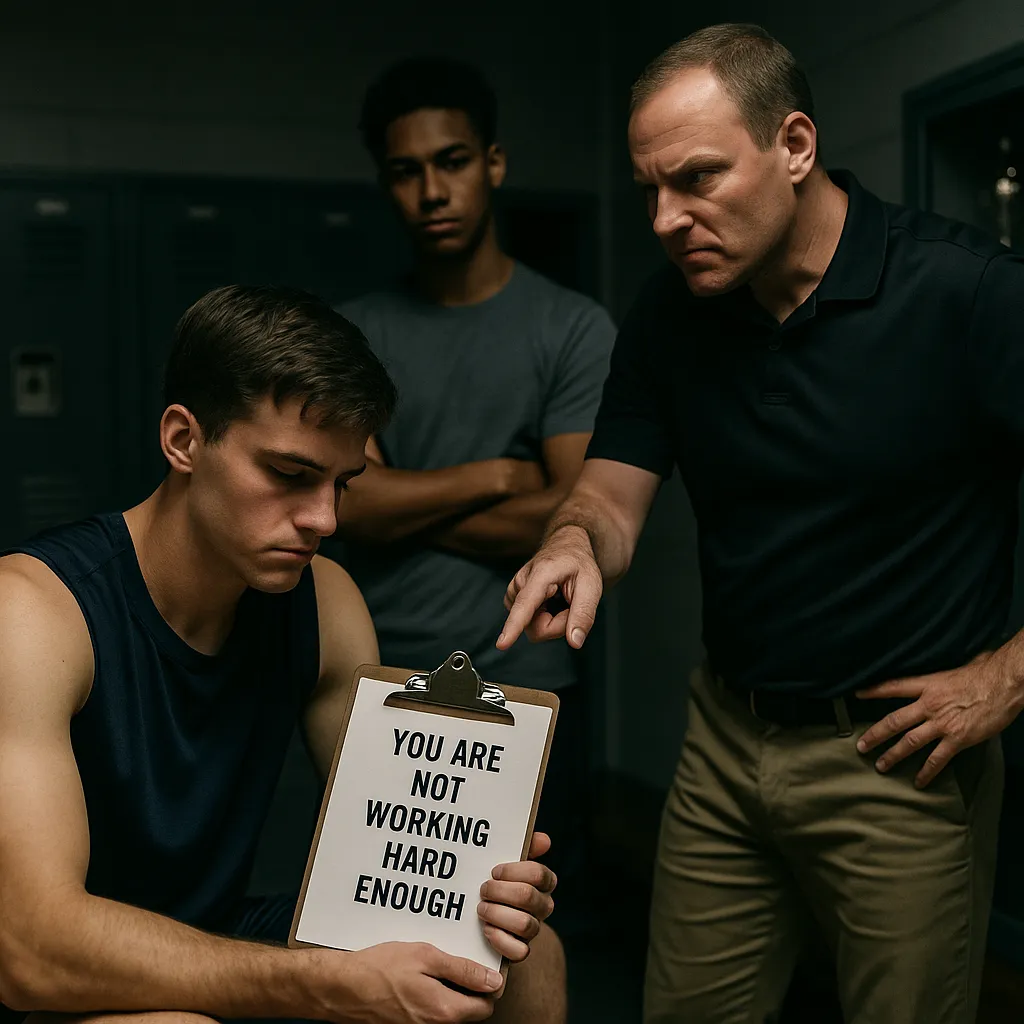 A high school athlete sits on a locker room bench holding a clipboard that reads “YOU ARE NOT WORKING HARD ENOUGH.” He looks down with a troubled expression. A stern coach stands beside him, pointing at the clipboard with intensity. In the background, a teammate observes the scene with concern, partially shadowed by dim, dramatic lighting.