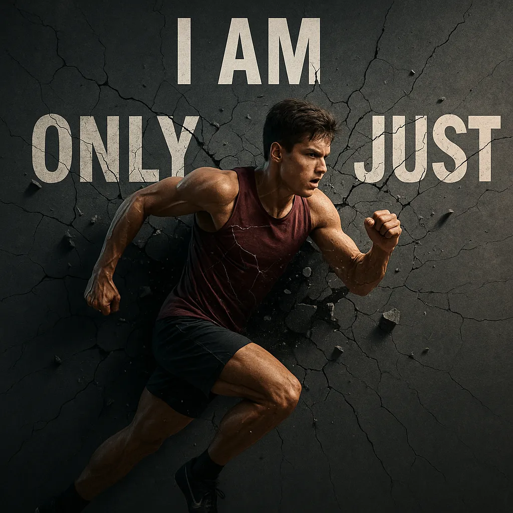 Athlete breaking through a wall, symbolizing overcoming limiting self-talk in sports.