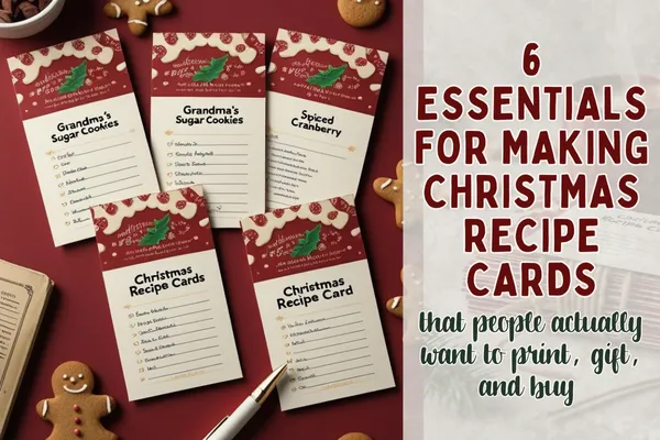 Flat lay of printable Christmas recipe cards on a holiday-themed kitchen counter with baking props, pen, and handwritten notes; perfect for Etsy sellers, holiday gift givers, and digital product creators searching for festive recipe card printables.