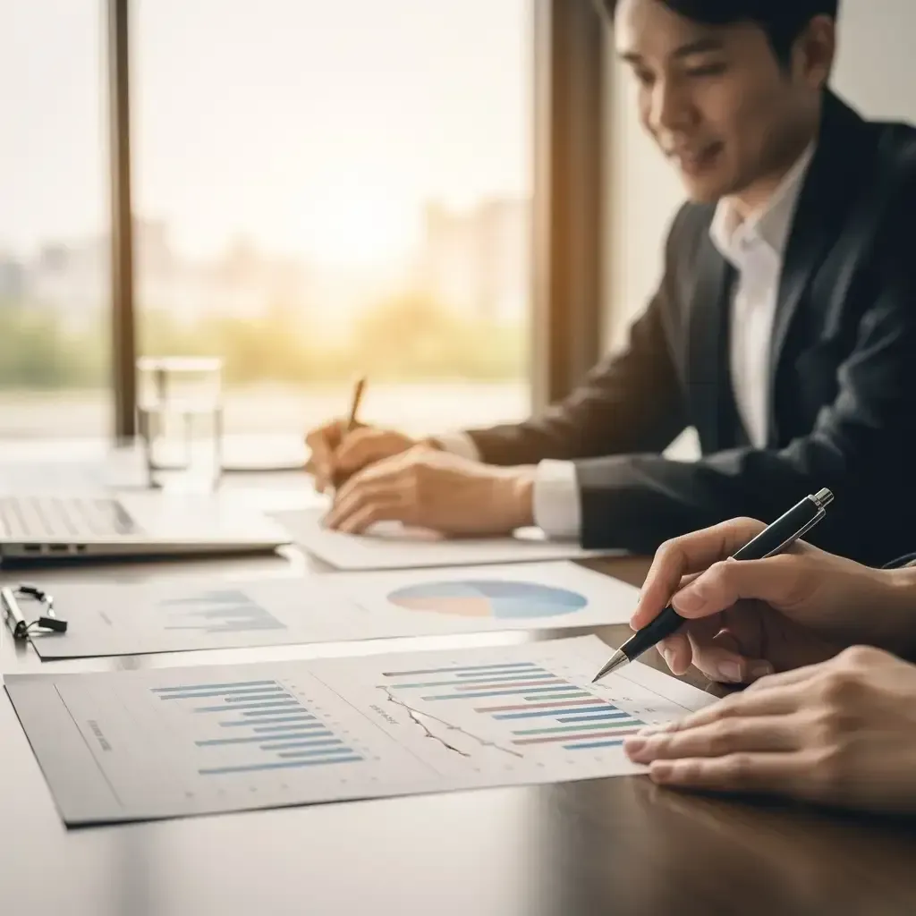 Roofing business growth strategy meeting with charts and data analysis