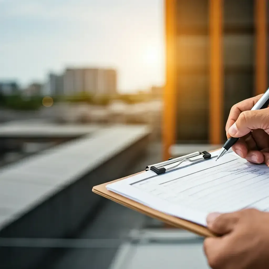 Roofing maintenance plans checklist on clipboard with commercial building background