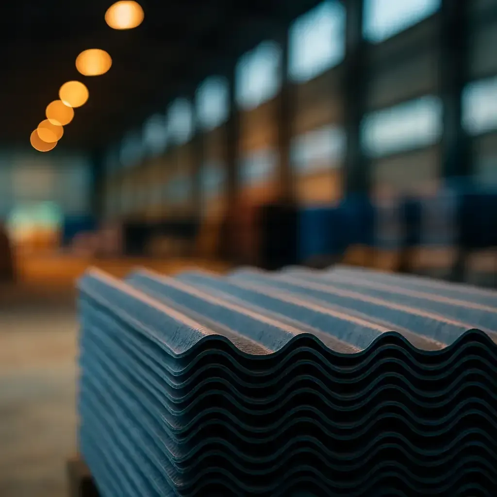 Stacked roofing materials in production facility showcasing roofing production management