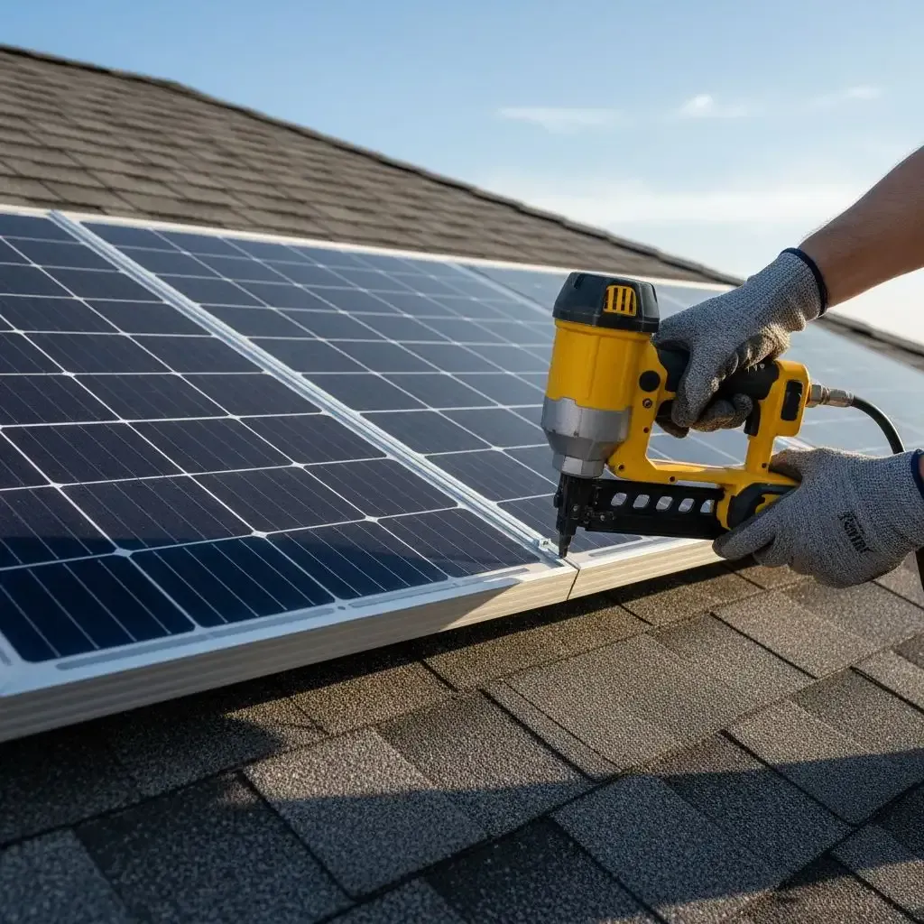 Installer using a nail gun to install solar panel roof shingles on a roof.