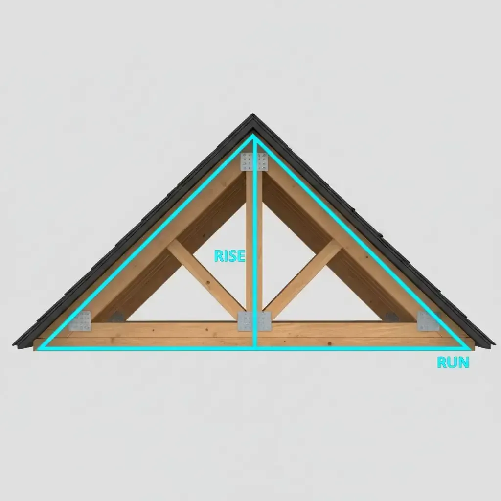 A diagram showing roof pitch examples with rise and run measurements on a truss.