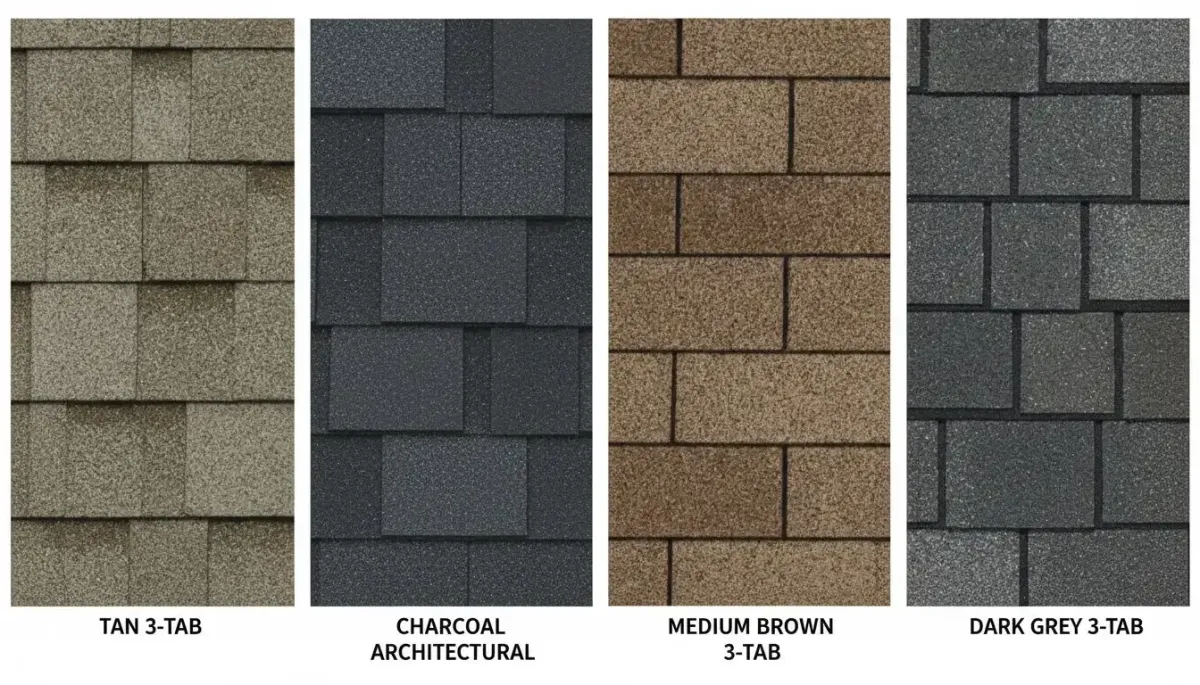Four types of asphalt shingles showing different shingles color options for contractors