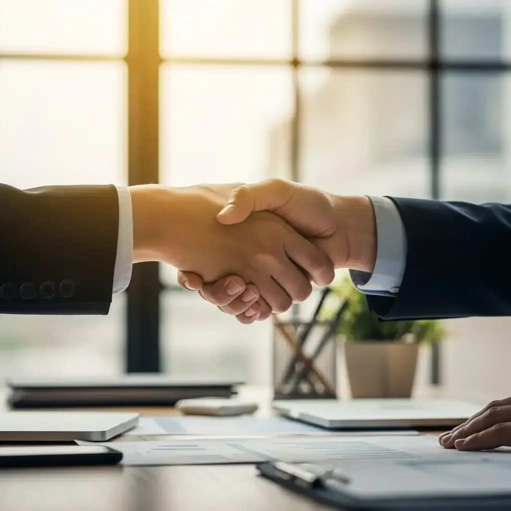Business handshake representing roofing referral program partnership agreement