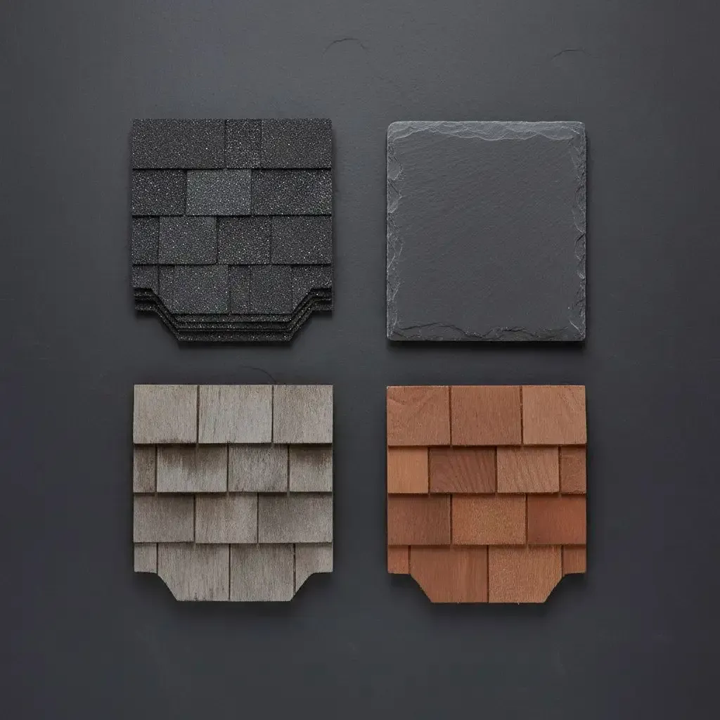 Four types of asphalt shingles showing different shingles color options for contractors.