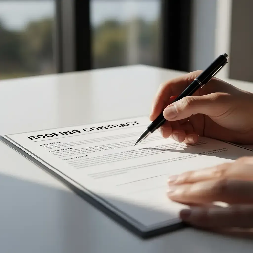Hand signing roofing contract document with black pen