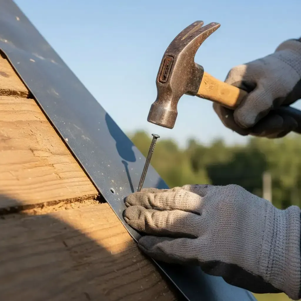 Close-up of a proper drip edge installation with a roofer hammering a nail.