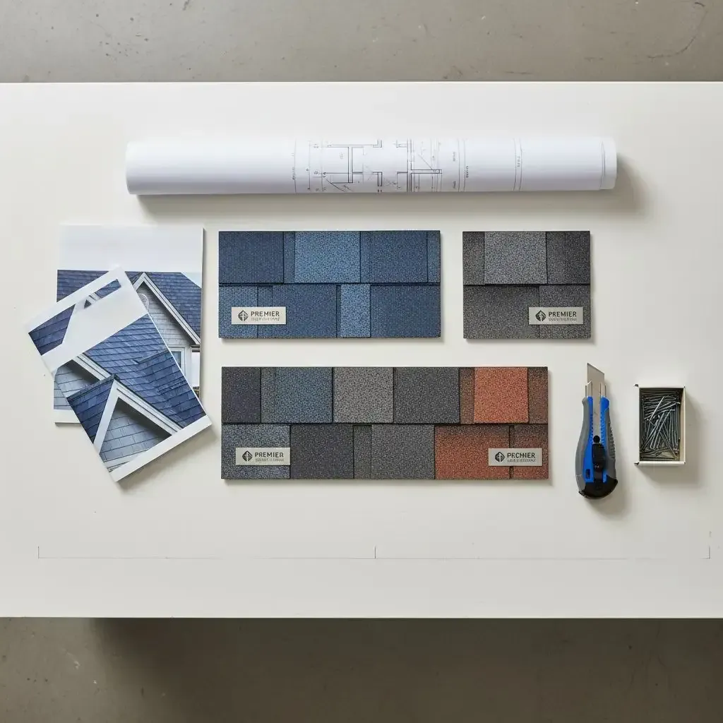 Comparing different brands of shingles with sample boards and brochures on a desk.