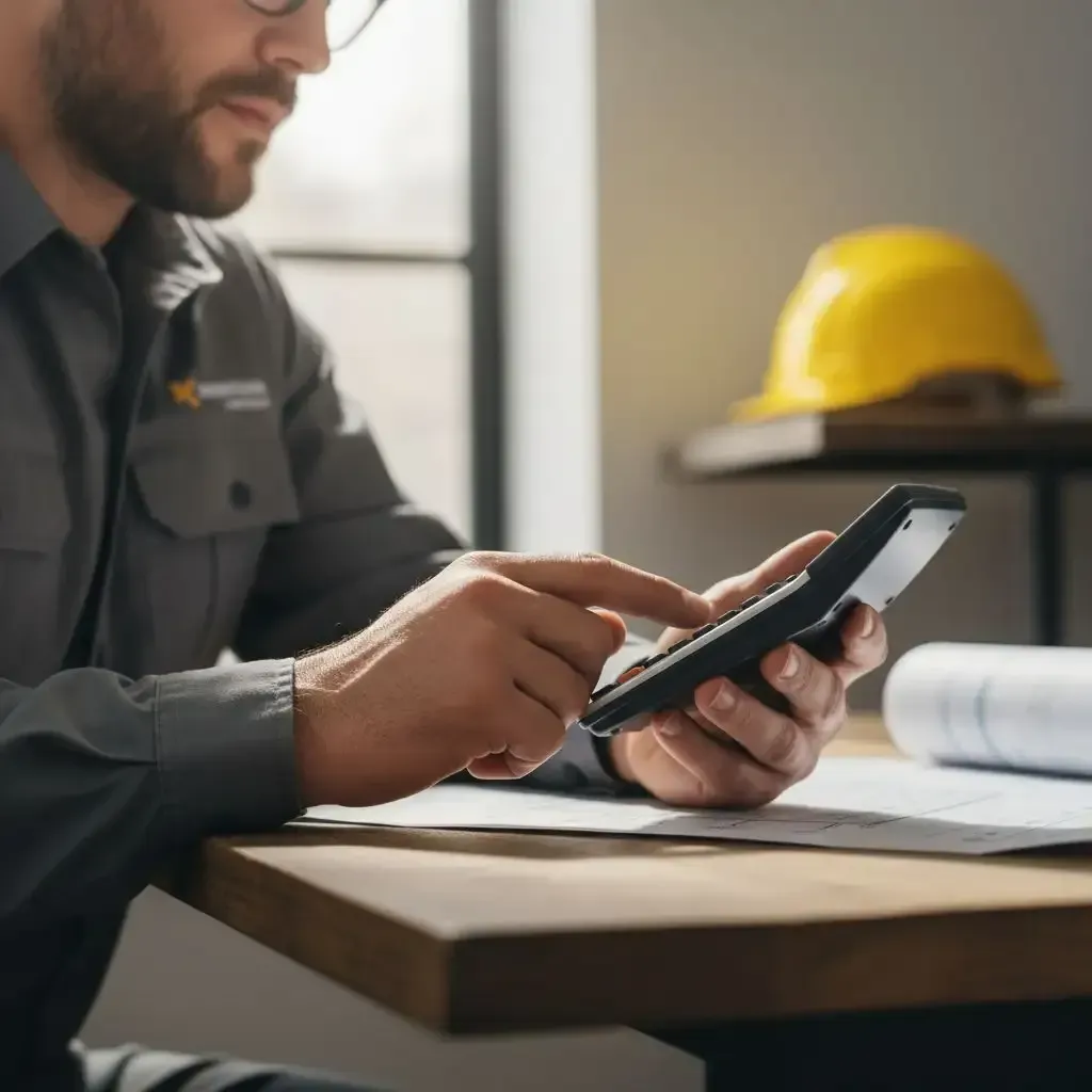 Contractor using a shingle calculator to estimate materials over blueprints.