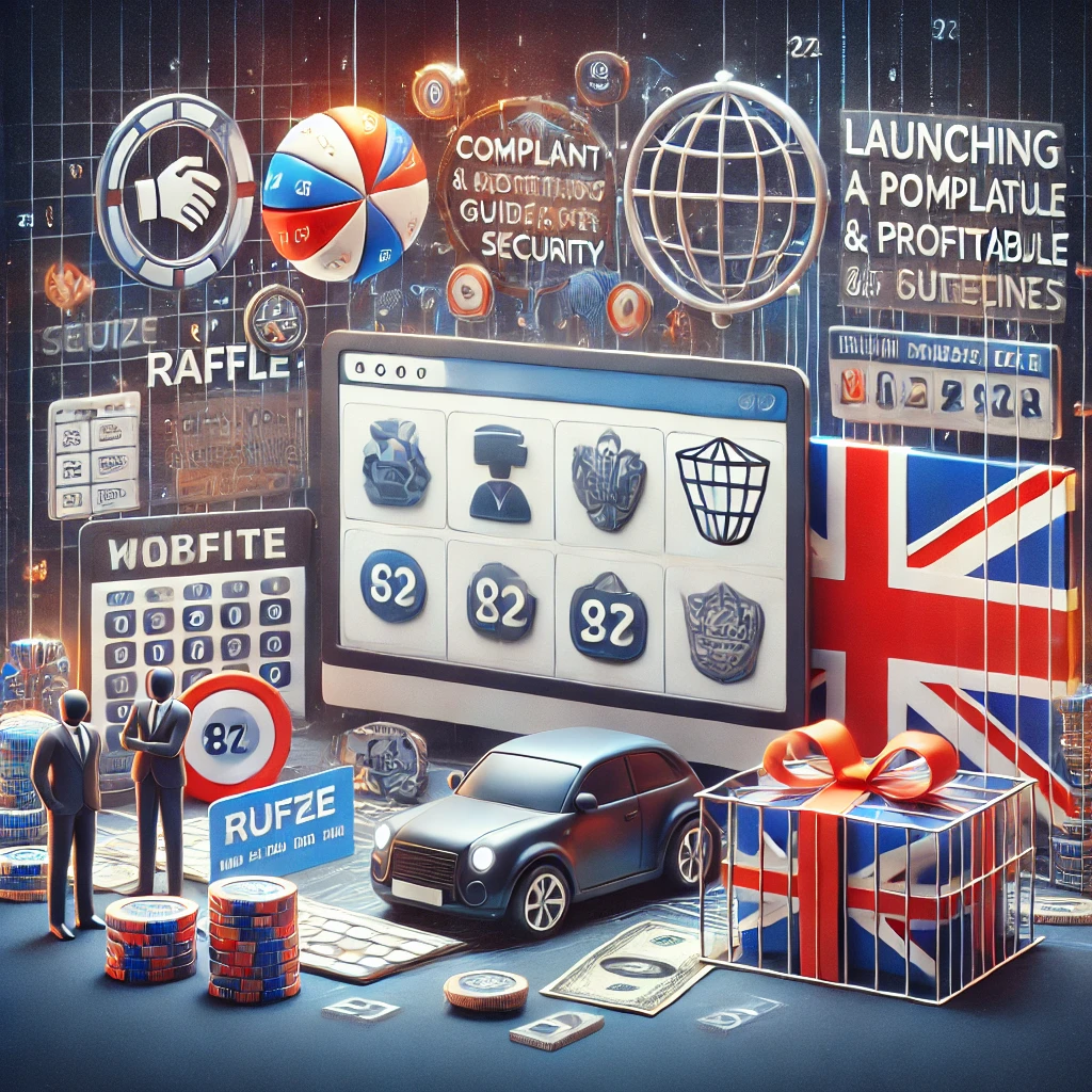 A vibrant and dynamic representation of launching a successful raffle website in the UK, featuring a luxurious car prize in motion, glowing raffle tickets flying through the air, and trust symbols like handshakes and security locks. Subtle Union Jack patterns in the background with a spinning wheel symbolize the raffle draw, creating an energetic and celebratory atmosphere.