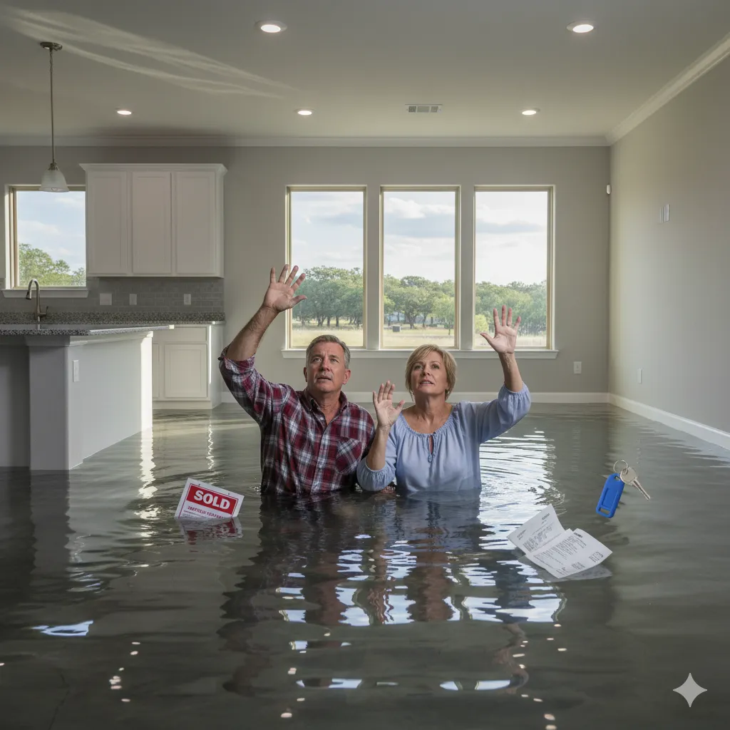 Texas couple struggling in flooded home representing underwater mortgage debt from new construction builder incentives in Comal County