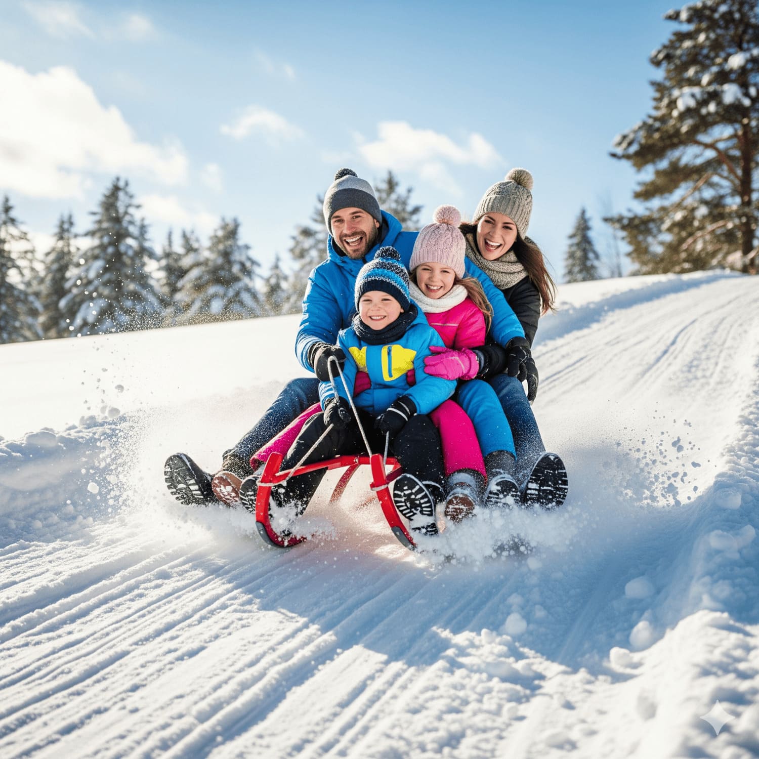 Glückliche junge Familie beim gemeinsamen Rodeln im verschneiten Obertilliach vor blauem Himmel