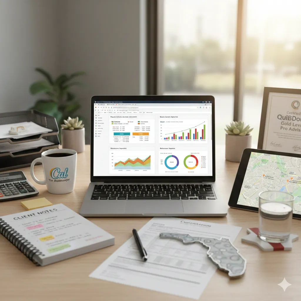 Professional bookkeeping workspace featuring QuickBooks financial reports and local business accounting tools.