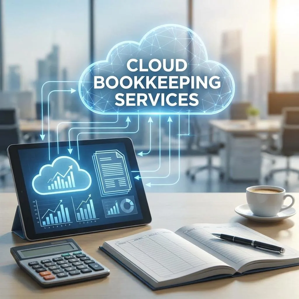 Cloud Bookkeeping Services concept image showing a modern office desk with a tablet displaying financial charts and graphs connected to a glowing digital cloud icon. The desk also features a calculator, an open ledger notebook with a pen, and a white coffee cup. The background shows a blurred office space with large windows overlooking a city skyline at sunset. The text 'Cloud Bookkeeping Services' appears prominently above the cloud graphic.