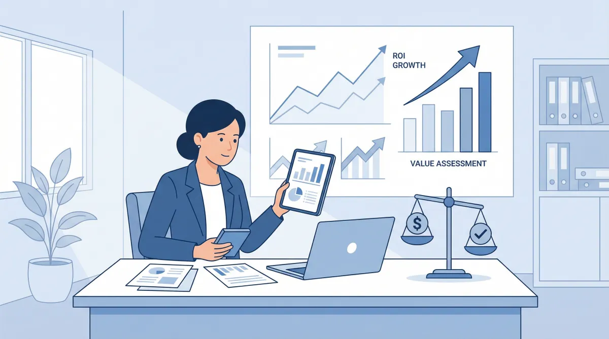 Small business owner evaluating bookkeeping pricing value with financial documents, calculator, ROI charts, and balance scale representing cost-benefit assessment