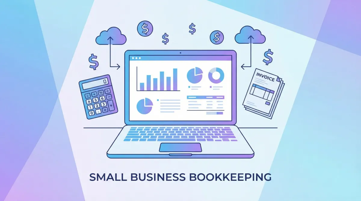 Small business bookkeeping concept illustration showing laptop with financial charts, calculator, invoices, and cloud icons representing affordable online bookkeeping services