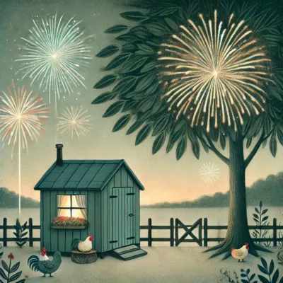 Fireworks exploding over a little homestead
