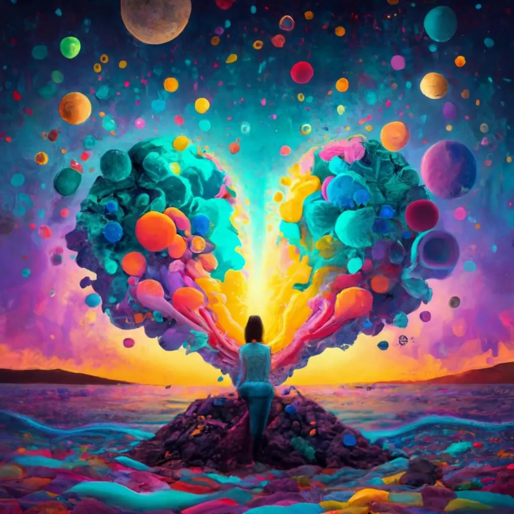 fantastical colorful graphic representation of a person sitting on a rock with bright colors "wings" of multi-colored bubbles