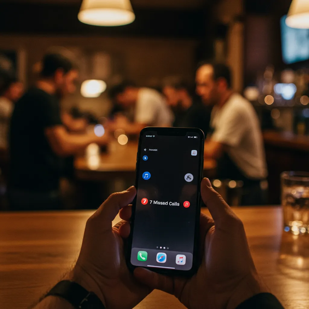 Photorealistic image of a smartphone on a busy restaurant bar counter during dinner service, screen showing "7 Missed Calls" notification with multiple contact names visible. Background blurred showing bartenders working frantically, bottles, glassware. Warm ambient lighting. iPhone style interface. Realistic depth of field. Cinematic composition. Shot from 45-degree angle looking down at phone.