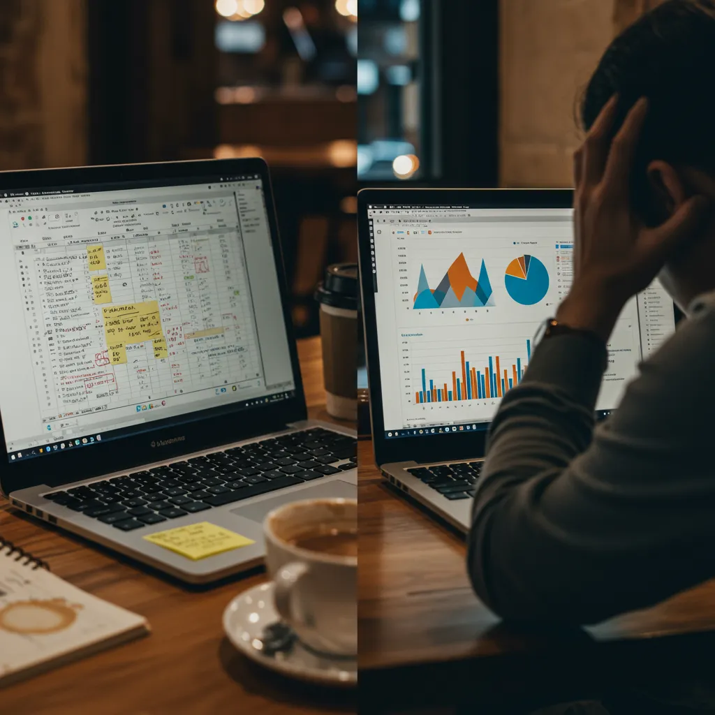 Photorealistic split-screen image: LEFT SIDE shows a cluttered messy Excel spreadsheet on a laptop screen with handwritten notes on paper next to it, coffee-stained notebook, calculator, confused restaurant owner's hands holding head in frustration. RIGHT SIDE shows a clean modern analytics dashboard on a monitor with colorful graphs, charts, customer data visualization, organized metrics. Bright clean workspace. Clear before/after contrast. Realistic screen reflections and lighting.