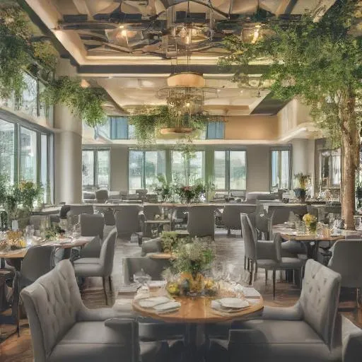 A futuristic restaurant scene where robots and AI-driven systems are seamlessly assisting waitstaff and guests, with a sleek, modern ambiance and guests enjoying personalized service.