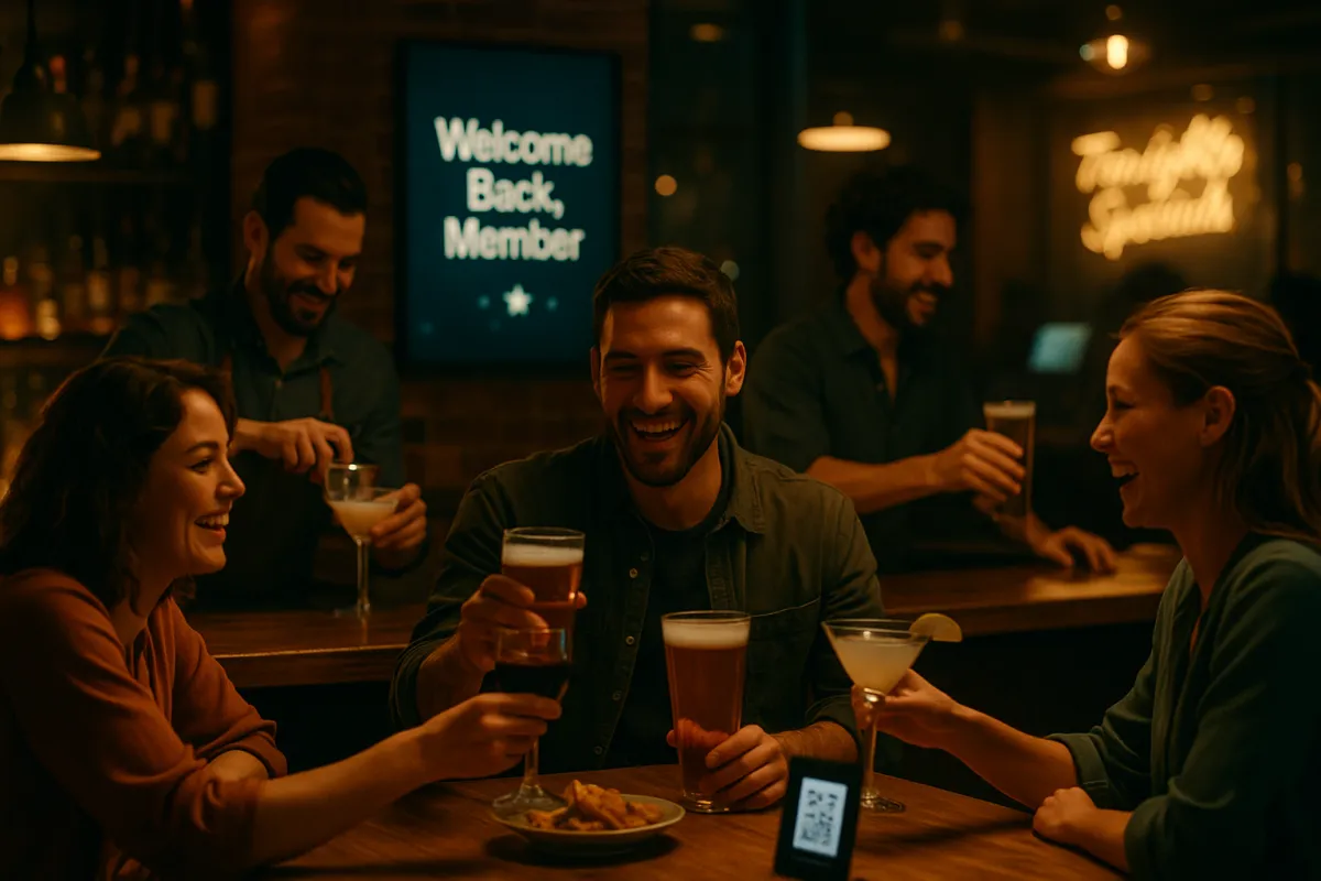 Cinematic shot of a lively bar interior in 2025, with bartenders using discreet tablets and guests engaging with loyalty rewards on their phones.