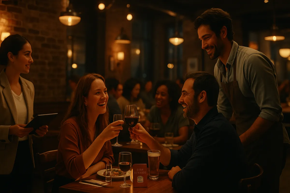 A cinematic shot of a restaurant team in action, warmly engaging with guests while subtle technology in the background streamlines reservations and loyalty tracking.
