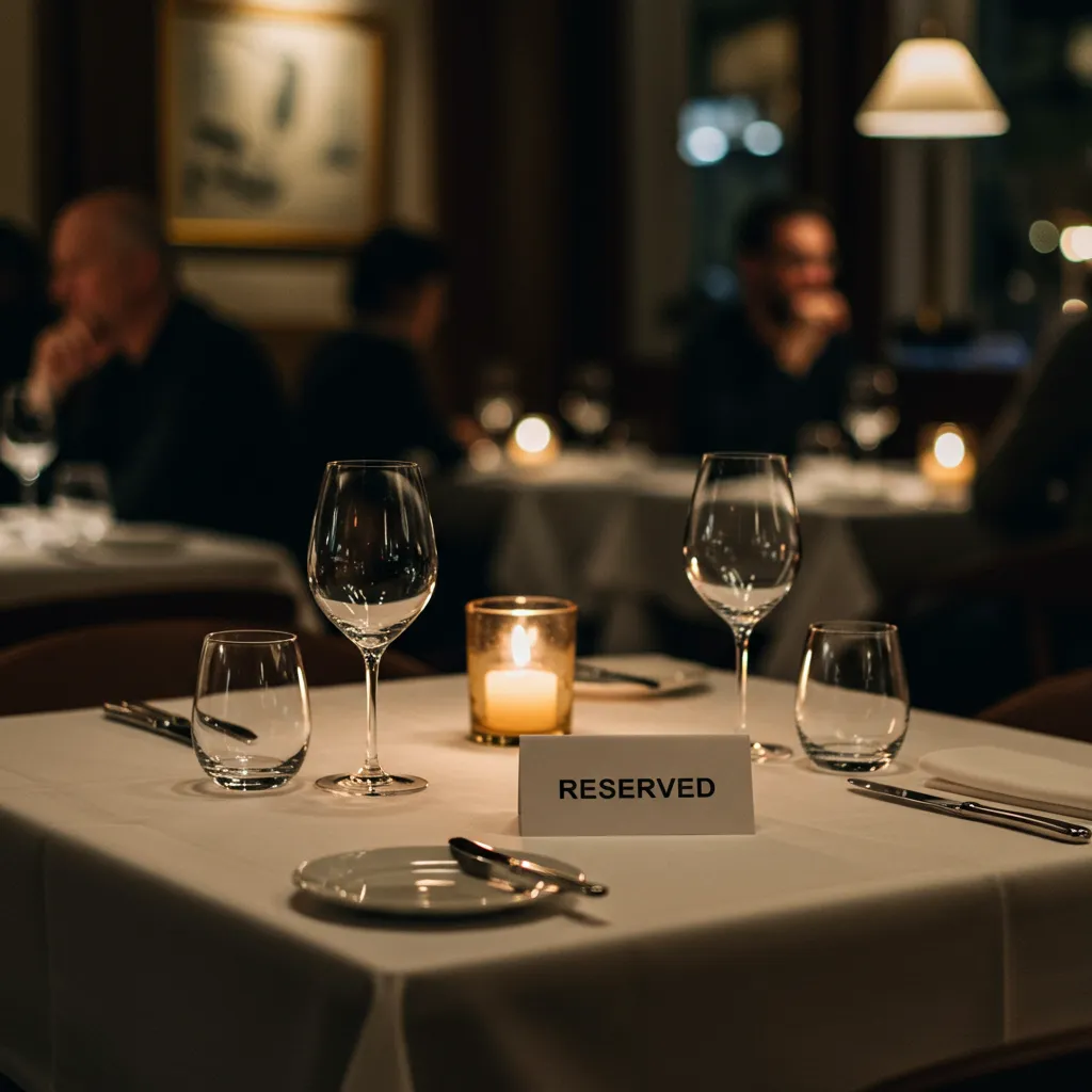 Photorealistic image of a beautifully set restaurant table with elegant place settings, wine glasses, white tablecloth, soft candlelight, and a small "Reserved" card sign prominently displayed. The table is completely empty with chairs pulled out slightly. Background shows a busy restaurant with other diners in soft focus. Warm ambient lighting. Shot from eye level. Melancholic mood of wasted opportunity. High-end restaurant aesthetic.