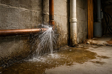 Burst pipe leaking water on a concrete floor