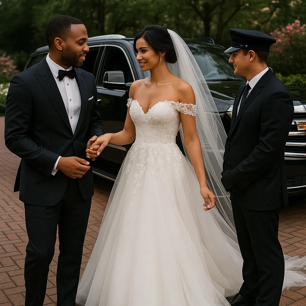 A newlywed couple stands in front of a luxurious black Cadillac Escalade on a brick driveway surrounded by lush greenery. The groom, dressed in a black tuxedo, holds hands with the bride, who wears an elegant off-the-shoulder lace wedding gown and long veil. A professional chauffeur in uniform stands nearby, completing the scene of refined wedding transportation.